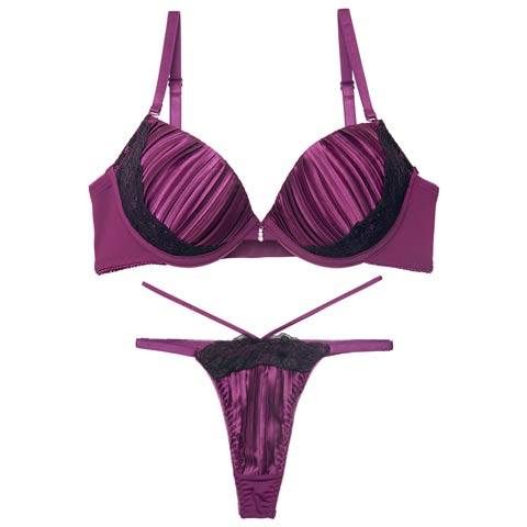 1/19新作!【三上悠亜着用】リッチプリーツサテンブラジャー＆Tバックショーツ［激売れ］(パープル-B65/ショーツM)