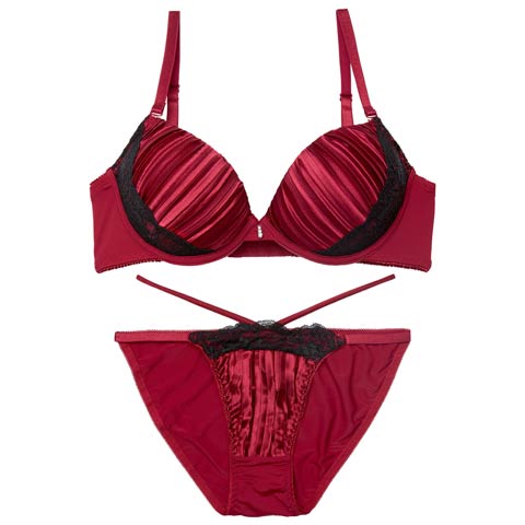 1/19新作!【三上悠亜着用】【EFサイズ】リッチプリーツサテンブラジャー＆フルバックショーツ［大人気］(ワインレッド-E70/ショーツM)