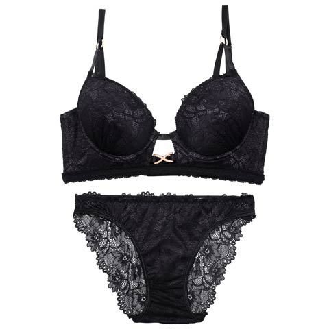 11/21新作!【三上悠亜着用】シャドウレースビジューホール育乳脇高ブラジャー&バック透けフルバックショーツ［激売れ］(ブラック-B65/ショーツM)