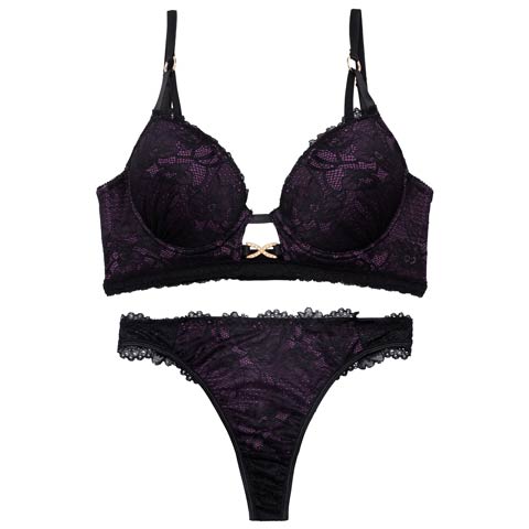12/26新作!【三上悠亜着用】シャドウレースビジューホール育乳脇高ブラジャー&バック透けTバックショーツ［激売れ］(パープル-B65/ショーツM)