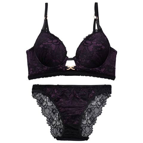 11/21新作!【三上悠亜着用】【EFサイズ】シャドウレースビジューホール育乳脇高ブラジャー&バック透けフルバックショーツ［大人気］(パープル-E70/ショーツM)
