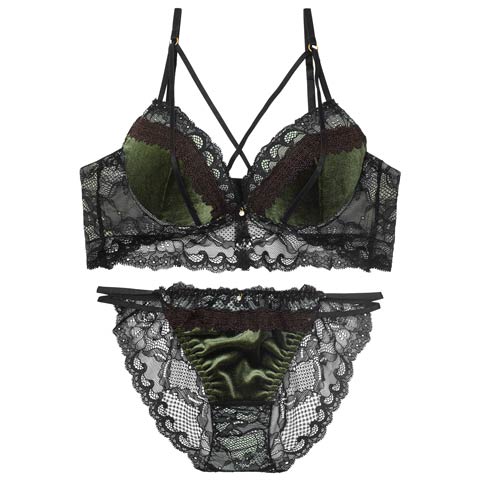 11/12新作!ノーブルベロアコードブラジャー&バック透けフルバックショーツ［激売れ］(グリーン-A70/ショーツM)