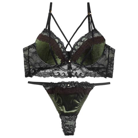 11/12新作!ノーブルベロアコードブラジャー&バック透けTバックショーツ［激売れ］(グリーン-A70/ショーツM)