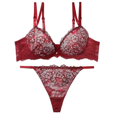 12/17新作!ルミエールディープフラワーブラジャー&バック透けTバックショーツ［激売れ］(レッド-A70/ショーツM)