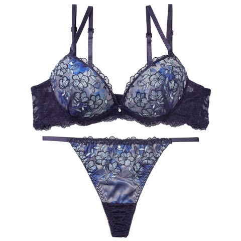 12/17新作!ルミエールディープフラワーブラジャー&バック透けTバックショーツ［激売れ］(ネイビー-A70/ショーツM)