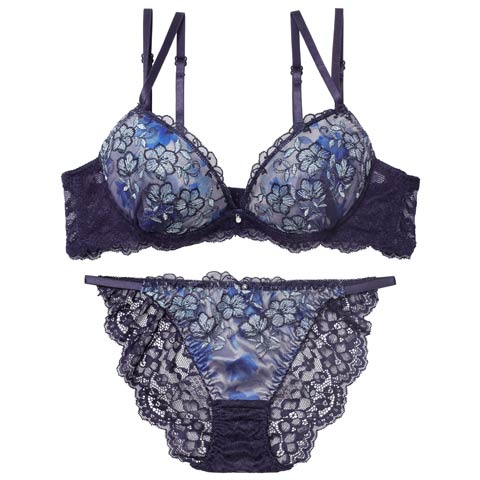 11/14新作!【EFサイズ】ルミエールディープフラワーブラジャー&バック透けフルバックショーツ［大人気］(ネイビー-E70/ショーツM)