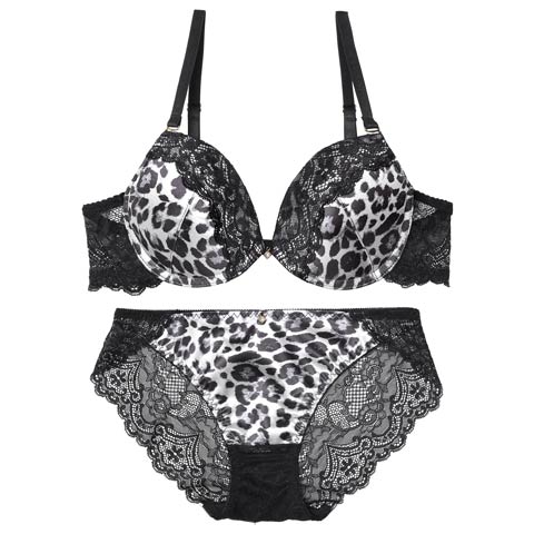 サテンレオパードレースブラジャー&バック透けフルバックショーツ［激売れ］［週替］[スーパーセール](グレー-B65/ショーツM)