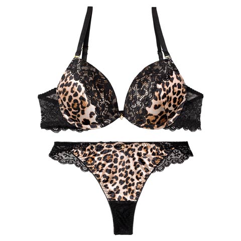 サテンレオパードレースブラジャー&バック透けTバックショーツ［激売れ］(ブラウン-B65/ショーツM)
