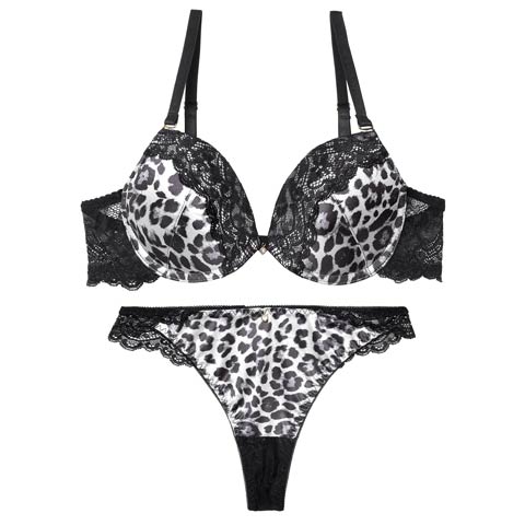 サテンレオパードレースブラジャー&バック透けTバックショーツ［激売れ］(グレー-B65/ショーツM)