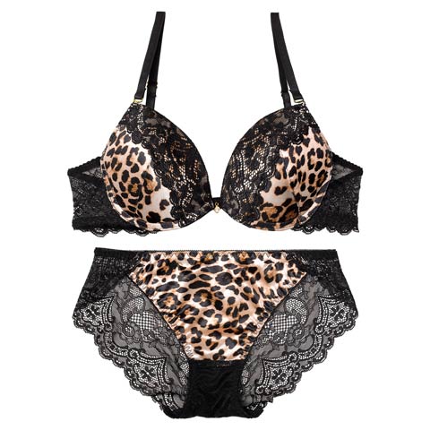 【EFサイズ】サテンレオパードレースブラジャー&バック透けフルバックショーツ［大人気］(ブラウン-E70/ショーツM)