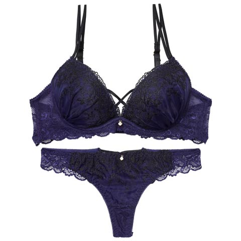 1/23新作!ディープクロスエンブロイダリーブラジャー&バック透けTバックショーツ［激売れ］(ネイビー-B65/ショーツM)