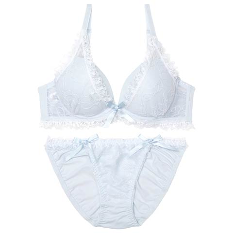 10/18再販!ラブリーパステルフリルブラジャー&フルバックショーツ［激売れ］(サックス-B65/ショーツM)