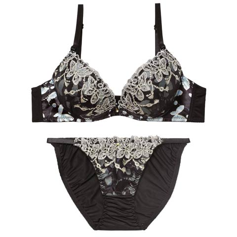 1/14新作!フェミニンバタフライエンブロイダリーブラジャー＆フルバックショーツ［激売れ］(ブラック-A70/ショーツM)