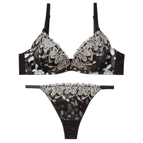 1/14新作!フェミニンバタフライエンブロイダリーブラジャー＆Tバックショーツ［激売れ］(ブラック-A70/ショーツM)