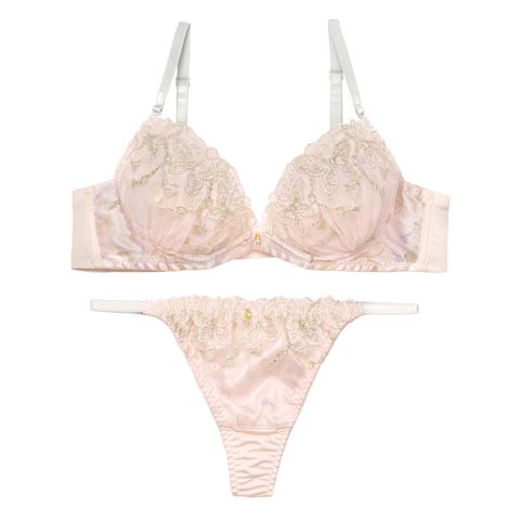 1/14新作!フェミニンバタフライエンブロイダリーブラジャー＆Tバックショーツ［激売れ］(ピンク-A70/ショーツM)