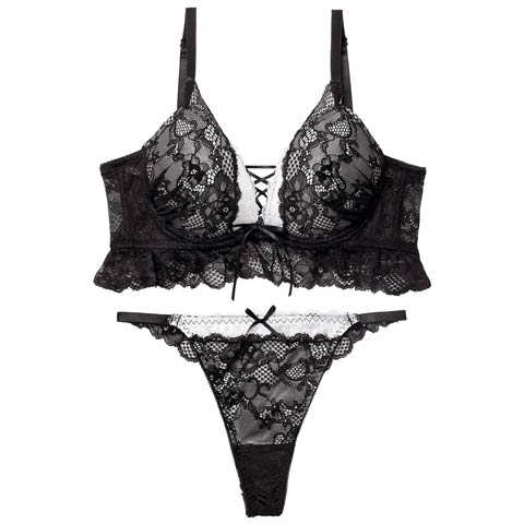 12/26新作!ディープリボンレースアップ育乳脇高ブラジャー&バック透けTバックショーツ［激売れ］(ブラック-B65/ショーツM)