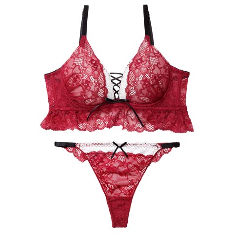 12/26新作!ディープリボンレースアップ育乳脇高ブラジャー&バック透けTバックショーツ［激売れ］(ワインレッド-B65/ショーツM)