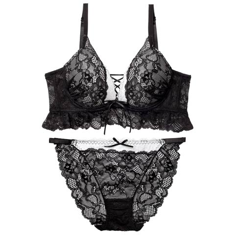 11/17新作!【EFサイズ】ディープリボンレースアップ育乳脇高ブラジャー&バック透けフルバックショーツ［大人気］(ブラック-E70/ショーツM)