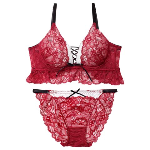 11/17新作!【EFサイズ】ディープリボンレースアップ育乳脇高ブラジャー&バック透けフルバックショーツ［大人気］(ワインレッド-E70/ショーツM)