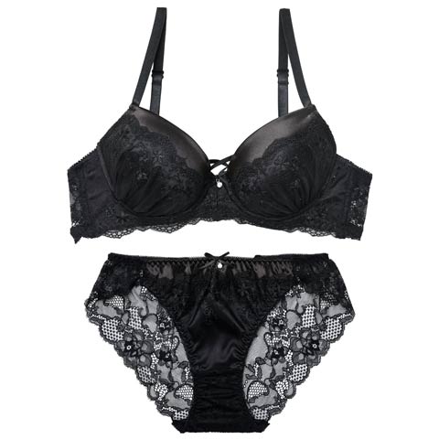 11/21新作!【EFサイズ】グリッターベロアレーシィブラジャー&バック透けフルバックショーツ［大人気］(ブラック-E70/ショーツM)