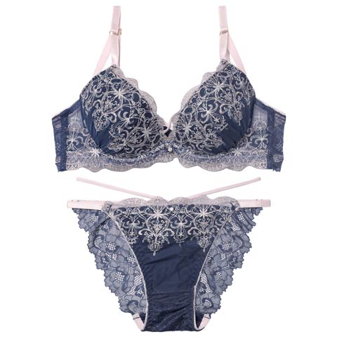 12/5新作!【EFサイズ】グリッターダマスククロスブラジャー&バック透けフルバックショーツ［大人気］(ネイビー-E70/ショーツM)