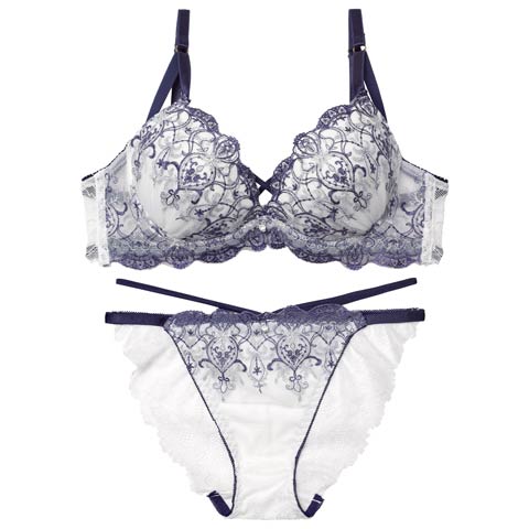 12/5新作!【EFサイズ】グリッターダマスククロスブラジャー&バック透けフルバックショーツ［大人気］(ホワイト-E70/ショーツM)