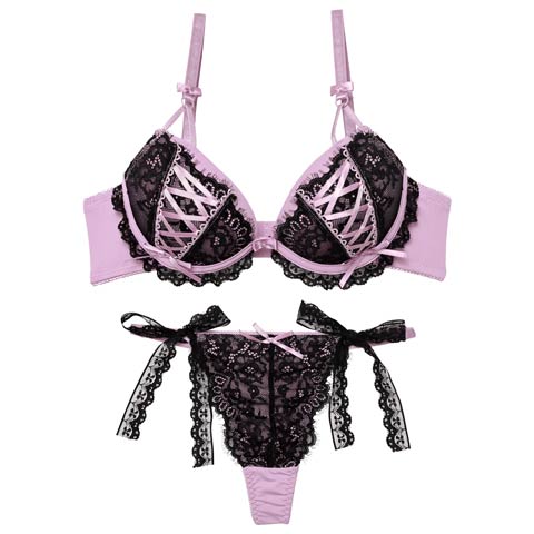 12/1新作!メルトリボンレースアップブラジャー&Tバックショーツ［激売れ］(パープル-B65/ショーツM)