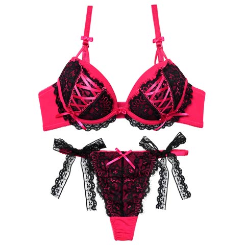 12/1新作!メルトリボンレースアップブラジャー&Tバックショーツ［激売れ］(ポップピンク-B65/ショーツM)