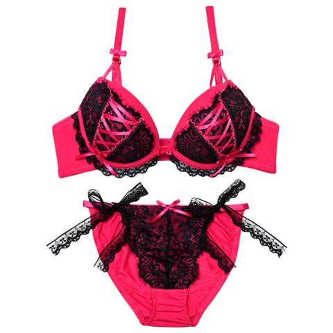 11/12新作!【EFサイズ】メルトリボンレースアップブラジャー&フルバックショーツ［大人気］(ポップピンク-E70/ショーツM)
