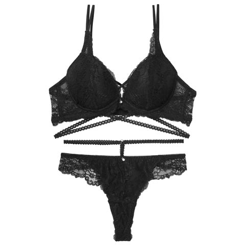 2/27新作!リュクスコードレースブラジャー&バック透けTバックショーツ［激売れ］(ブラック-B65/ショーツM)
