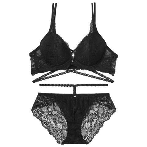 2/27新作!【EFサイズ】リュクスコードレースブラジャー&バック透けフルバックショーツ［大人気］(ブラック-E70/ショーツM)