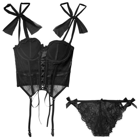 レースアップリボンビスチェブラジャー&バック透けTバックショーツ［大人気］(ブラック-フリー)