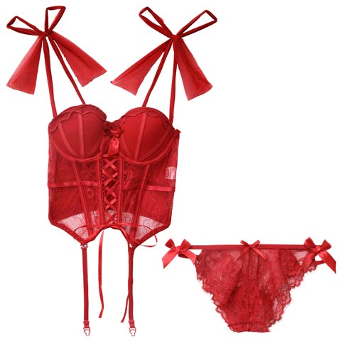 レースアップリボンビスチェブラジャー&バック透けTバックショーツ［大人気］(レッド-フリー)