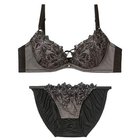 2/6新作!エレガントブルームコード育乳脇高ブラジャー&フルバックショーツ［激売れ］(ブラック-A70/ショーツM)
