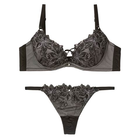 2/6新作!エレガントブルームコード育乳脇高ブラジャー&Tバックショーツ［激売れ］(ブラック-A70/ショーツM)