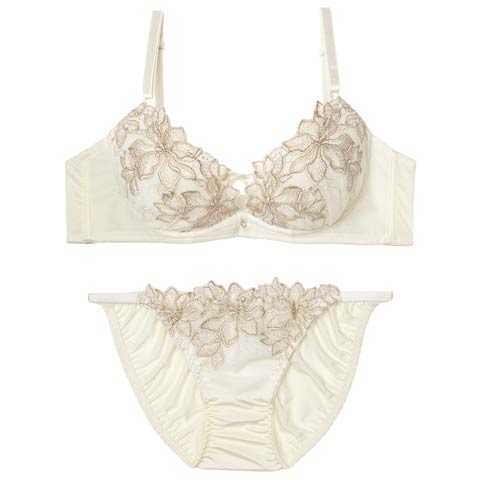 2/6新作!【EFサイズ】エレガントブルームコード育乳脇高ブラジャー&フルバックショーツ［大人気］(アイボリー-E70/ショーツM)