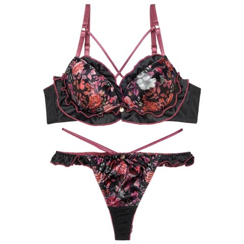 12/29新作!グロリアスブルームフリルブラジャー&バック透けTバックショーツ［激売れ］(ブラック-A70/ショーツM)