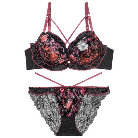 12/29新作!【EFサイズ】グロリアスブルームフリルブラジャー&バック透けフルバックショーツ［大人気］(ブラック-E70/ショーツM)