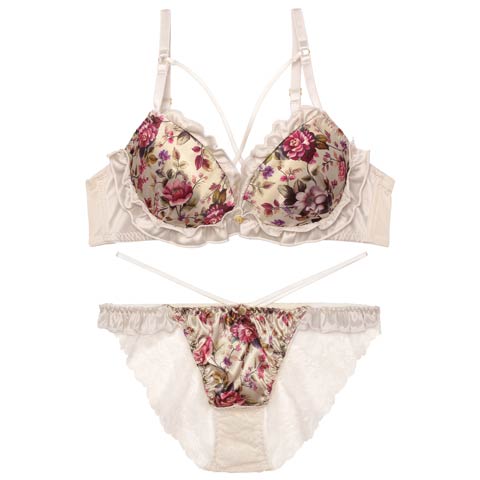 12/29新作!【EFサイズ】グロリアスブルームフリルブラジャー&バック透けフルバックショーツ［大人気］(シャンパンゴールド-E70/ショーツM)