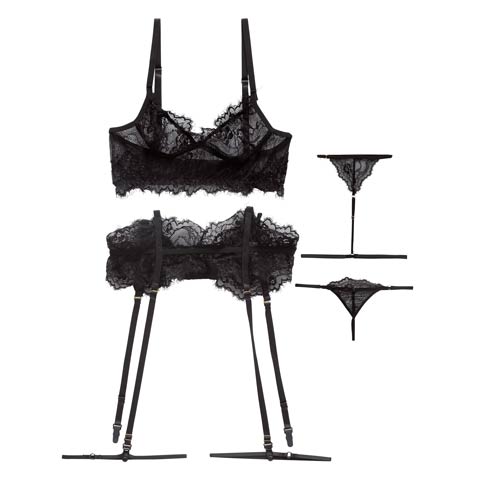 10/8新作!【4点セット】センシュアルレディレースブラジャー&Tバック&チョーカー&足リンク［大人気］(ブラック-フリー)