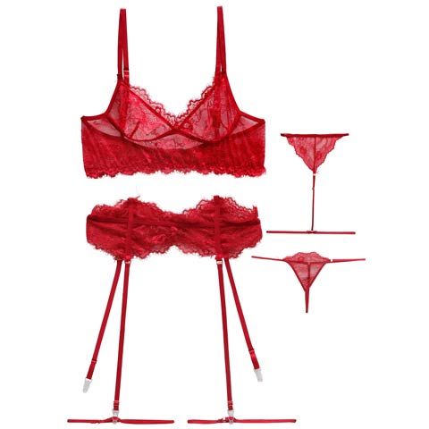 10/8新作!【4点セット】センシュアルレディレースブラジャー&Tバック&チョーカー&足リンク［大人気］(レッド-フリー)