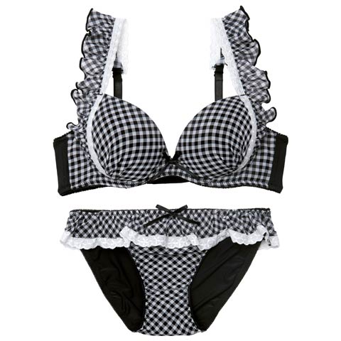 12/3新作!【かとゆり着用】【EFサイズ】ラブリーギンガムチェックブラジャー&フルバックショーツ［大人気］(ブラック-E70/ショーツM)