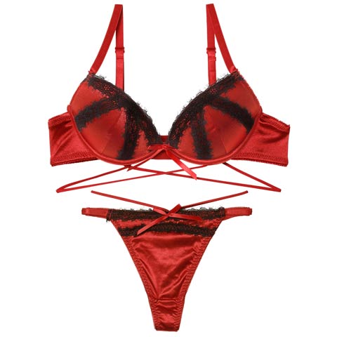 12/24新作!グリッターサテンレースストリングブラジャー&Tバックショーツ［激売れ］(レッド-B65/ショーツM)