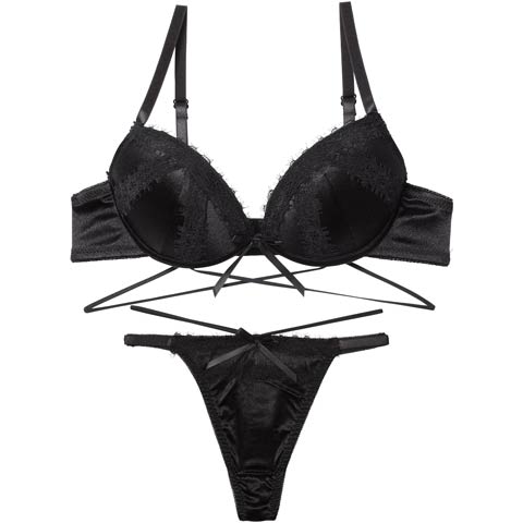 12/24新作!グリッターサテンレースストリングブラジャー&Tバックショーツ［激売れ］(ブラック-B65/ショーツM)