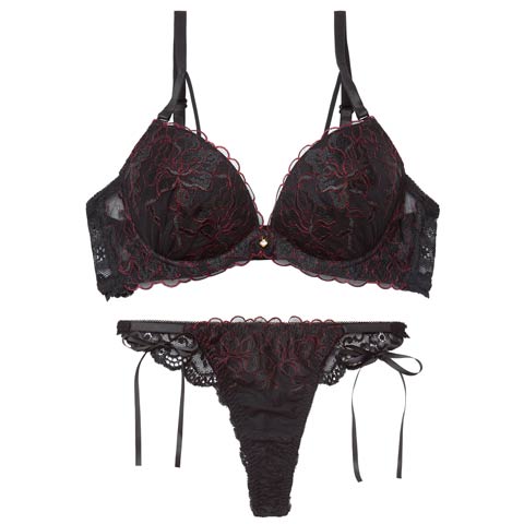 1/21新作!【かとゆり着用】レディブーケエンブロイダリーブラジャー＆サイド紐バック透けTバックショーツ［激売れ］(ブラック-A70/ショーツM)