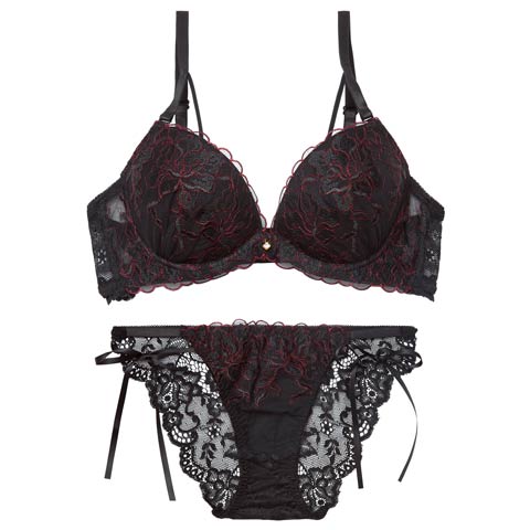 1/21新作!【かとゆり着用】【EFサイズ】レディブーケエンブロイダリーブラジャー＆サイド紐バック透けフルバックショーツ［大人気］(ブラック-E70/ショーツM)