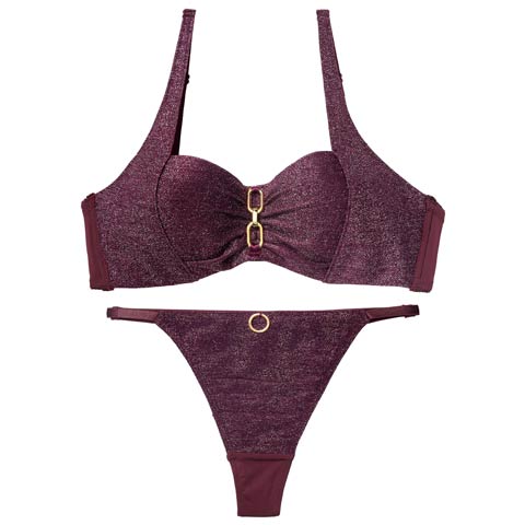 12/17新作!シャイニーエレガントチェーンブラジャー＆Tバックショーツ［激売れ］(パープル-B65/ショーツM)