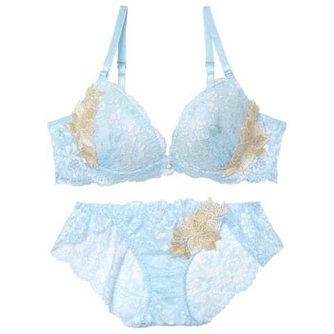3/23新作!ラグジュアリーブルームレースブラジャー&バック透けフルバックショーツ ［激売れ］(サックス-A70/ショーツM)
