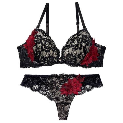 3/23新作!ラグジュアリーブルームレースブラジャー&バック透けTバックショーツ ［激売れ］(ブラック-A70/ショーツM)