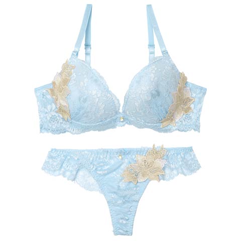 3/23新作!ラグジュアリーブルームレースブラジャー&バック透けTバックショーツ ［激売れ］(サックス-A70/ショーツM)